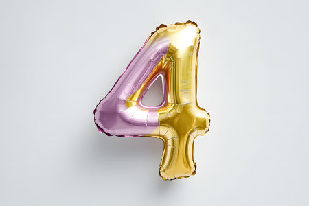 Pastel colors, the letter 4 from a gold foil balloon on a white minimalist background with space for text.の素材