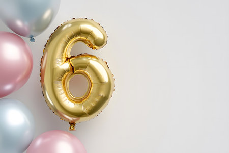 Pastel colors, the letter 6 from a gold foil balloon on a white minimalist background with space for text.の素材