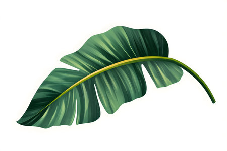 Minimalistic tropical banana leaf in green, drawn in a flat style on a clean white background.の素材