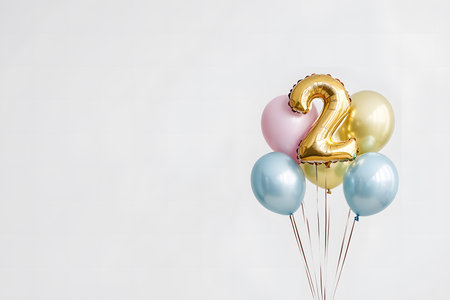 Pastel colors, the letter 2 from a gold foil balloon on a white minimalist background with space for text.の素材