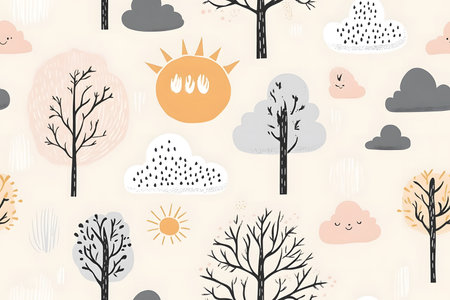 Soft Pastel Treescape: Minimalist Tree Illustrations with Clouds and Sun in a Seamless Design for Kids' Textilesの素材