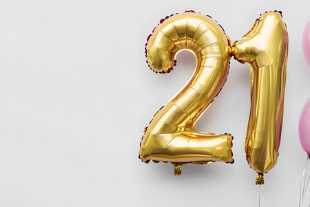 Pastel colors, the letter 21 from a gold foil balloon on a white minimalist background with space for text.の素材