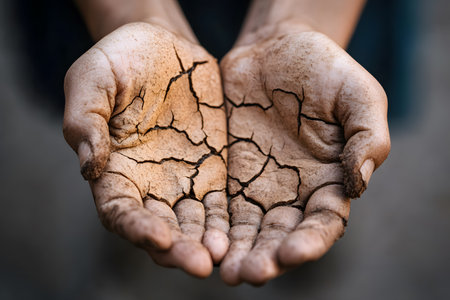 A close-up of dry, cracked skin on hands, showing the effects of winter air.の素材