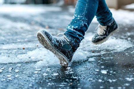 A person slipping on an icy sidewalk, falling and hurting themselves.の素材