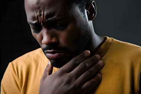 A man coughs and holds his throat while suffering from a cold or respiratory infection.の素材