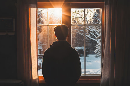 A middle-aged man stands at a large window and exposes his face to the sun. catching vitamin Dの素材