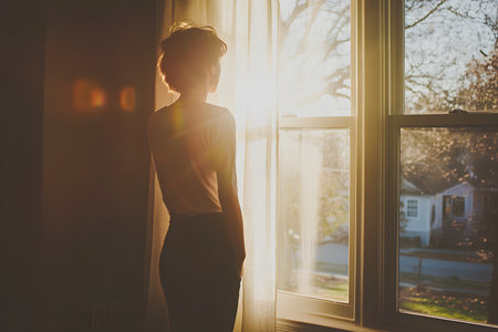 A middle-aged man stands at a large window and exposes his face to the sun. catching vitamin Dの素材