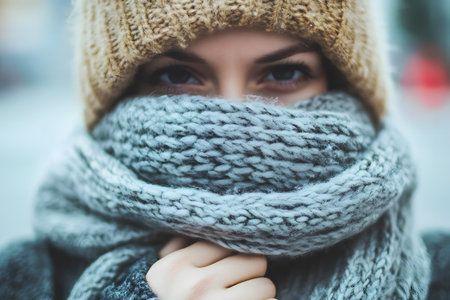 A person wrapped in a scarf and coat, heavy frost, wintertime.の素材