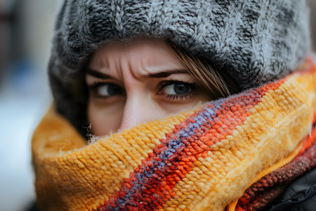 A person wrapped in a scarf and coat, trying to stay warm and avoid getting sick.の素材
