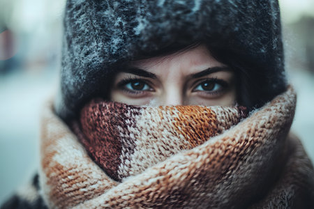 A person wrapped in a scarf and coat trying to keep warm and not get sick, an advertisement for an antiviral drug.の素材