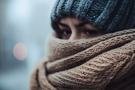 A person wrapped in a scarf and coat trying to keep warm and not get sick, an advertisement for an antiviral drug.の素材
