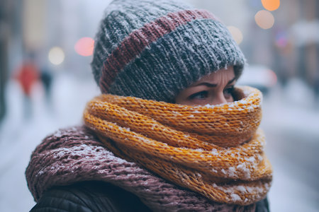 A person wrapped in a scarf and coat, trying to stay warm and avoid getting sick.の素材