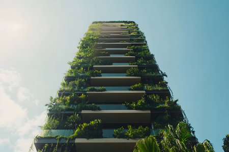 A contemporary high-rise residential building adorned with vertical gardens, leaving a clear section for text on the side.の素材