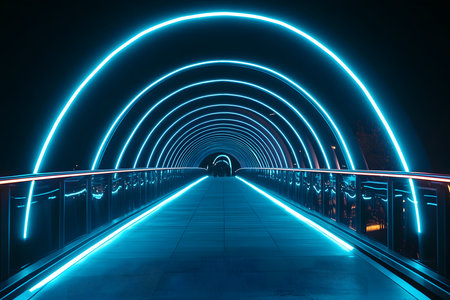 A futuristic illuminated bridge at night with vibrant LED lights, providing space at the top for text placement.の素材