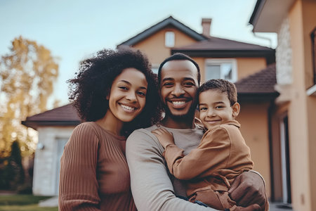 Secure and United: Family Smiling in Front of Their Protected Home.の素材