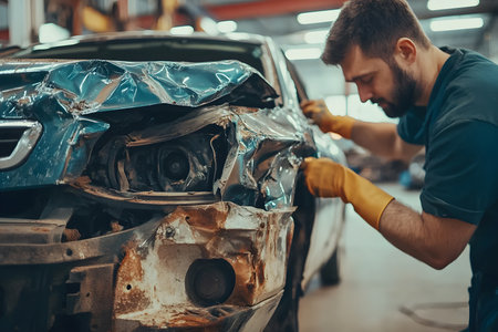 Mechanic Repairing a Damaged Car: The Assurance of Reliable Auto Insuranceの素材