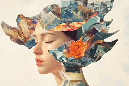Modern Fusion: Traditional Painting Meets Digital Design in Vibrant Collage.の素材