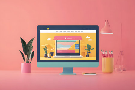 A dynamic web design mockup showcasing parallax scrolling effect with layered elements moving at different speeds.の素材