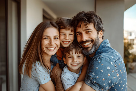 Secure and United: Family Smiling in Front of Their Protected Home.の素材