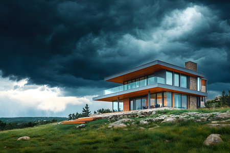 A modern home protected from natural disasters like floods and fires, with a stormy sky in the background.の素材