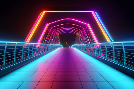 uturistic Illuminated Bridge with Vibrant LED Lights and Space for Text.の素材