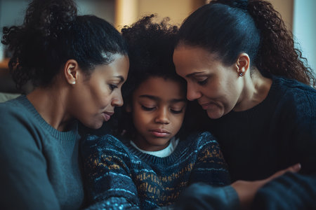 A grieving family sitting together at home, providing emotional support to each other during a difficult moment.の素材