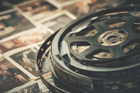 Nostalgic Movie Atmosphere: A Look at Classic Film Reels and Posters.の素材