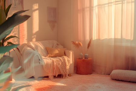 Tranquil Pastel Room with Soft Furnishings and Cozy Ambiance.の素材