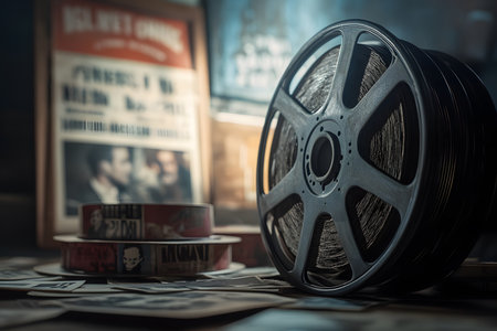 Vintage Cinematic Style: Classic Film Reel and Movie Posters.の素材