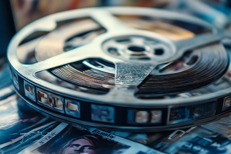 A nostalgic visual of a classic film reel and old movie posters, representing a vintage cinematic style.の素材
