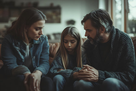 Grieving Family Supporting Each Other at Home in a Time of Loss.の素材