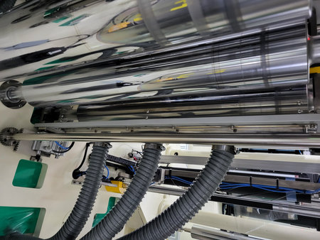 Close-up view of industrial machinery with polished metal rollers and flexible hoses, illustrating...