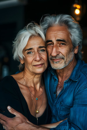 Gray-haired couple embraces in a warm indoor environment, radiating love and connection, with soft lighting enhancing their emotional expressionsの素材