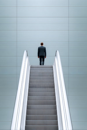 Professional man in suit stands at the top of a contemporary staircase, surrounded by minimalist design and soft lighting, representing success and determinationの素材