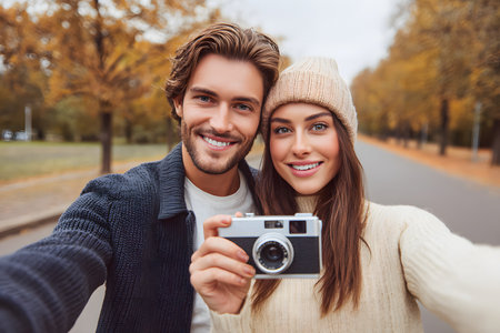 Happy young couple captures a selfie with a vintage camera in a beautiful autumn park, featuring vibrant leaves and a peaceful walking pathの素材