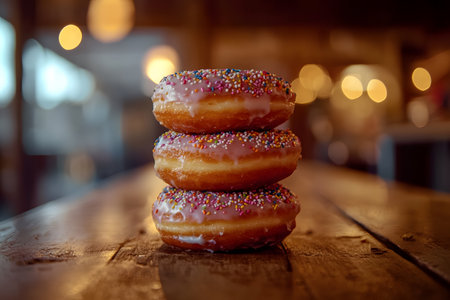 Stacked donuts with colorful sprinkles and glaze on a wooden table, creating a warm and inviting ambiance, perfect for dessert lovers and food photographyの素材