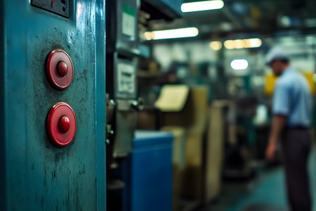 Industrial Focus: Worker Standing by Safety Mechanism.の素材