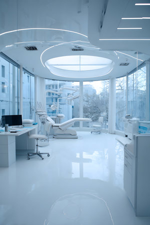 Pantone 11-4201. Contemporary dental office showcasing bright white furnishings, expansive windows, and a serene environment designed to enhance patient experience and comfortの素材