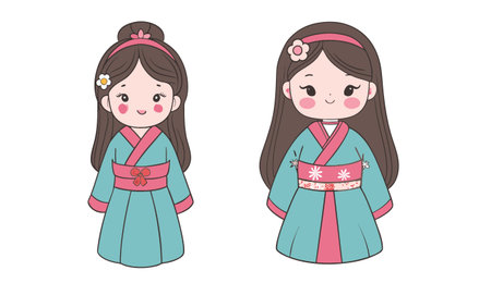 Korean girl in kimono. Set of vector illustrations.のイラスト素材