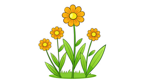 several orange-yellow flowers with spread-out petals and emerald green leaves, full of vitality.のイラスト素材