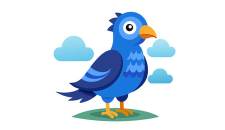 A brightly colored blue bird stands with round eyes and an orange beak, against a background of a few floating white clouds.のイラスト素材