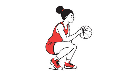 A woman with a bun and wearing red sportswear is squatting and dribbling a basketball with both hands.のイラスト素材