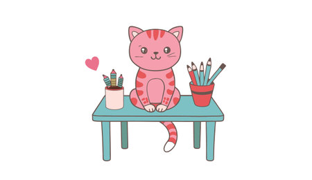 Cute cartoon cat sitting on a table with pencils and a cupのイラスト素材
