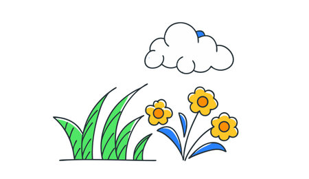 Flowering meadow with flowers and clouds. Vector illustration.のイラスト素材