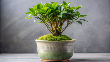 Green plant in ceramic pot on wooden table with gray wall background.の写真素材