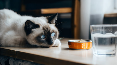 Siamese cat with blue eyes lying on the table and eatingの写真素材
