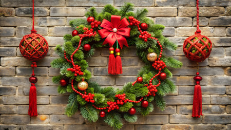 Christmas wreath with red baubles on a brick wall backgroundの写真素材