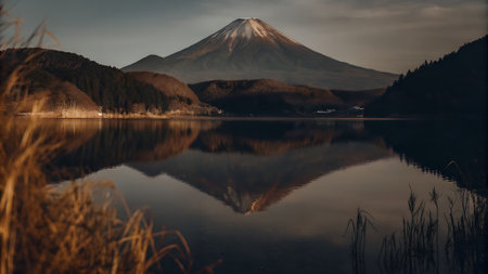 Mt. Fuji reflected in Kawaguchiko lake, Japanの写真素材