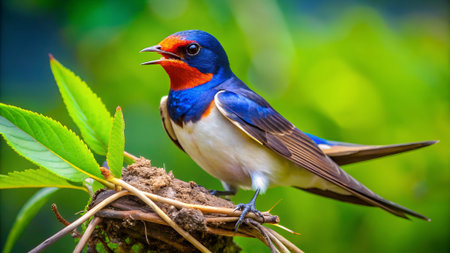 Swallow bird (Hirundo rustica) perching on the nestの写真素材