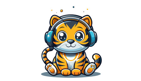 Cute cartoon tiger listening to music on white background. Vector illustration.のイラスト素材